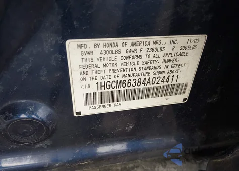 2004 Honda Accord 3.0 Lx from USA, damaged, VIN 1HGCM66384A024411